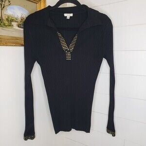 Cache Vintage Y2k Black Gold Studded Ribbed Knit V-Neck Long Sleeve M